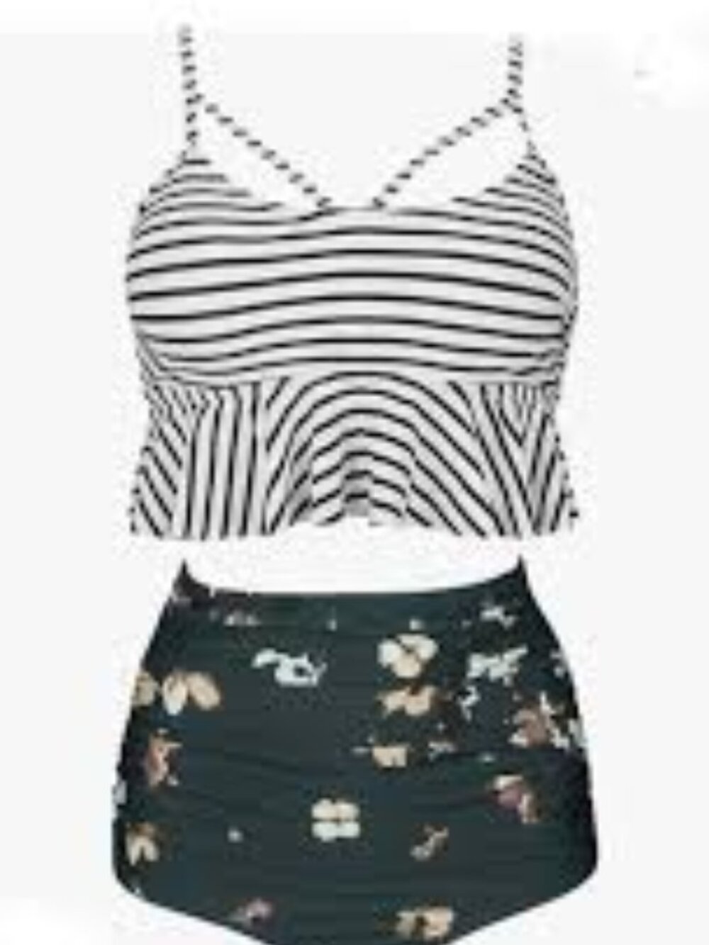 Cocoship Striped Peplum Bikini Top with Floral High-Waist Bottom-XL